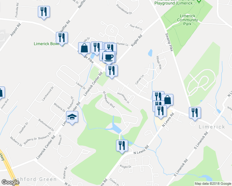 map of restaurants, bars, coffee shops, grocery stores, and more near 103 Hunsberger Drive in Royersford