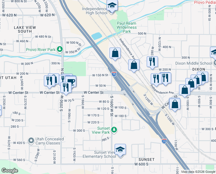map of restaurants, bars, coffee shops, grocery stores, and more near 1631 West 50 North in Provo