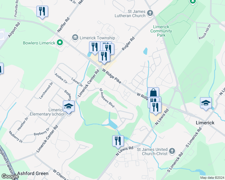 map of restaurants, bars, coffee shops, grocery stores, and more near 805 Dickinson Court in Royersford