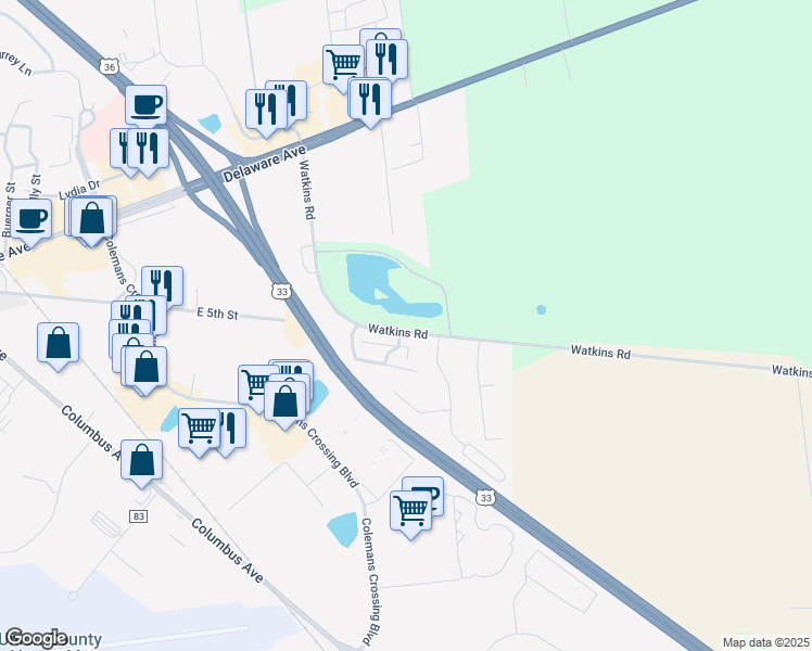 map of restaurants, bars, coffee shops, grocery stores, and more near 503 Three Oaks Drive in Marysville