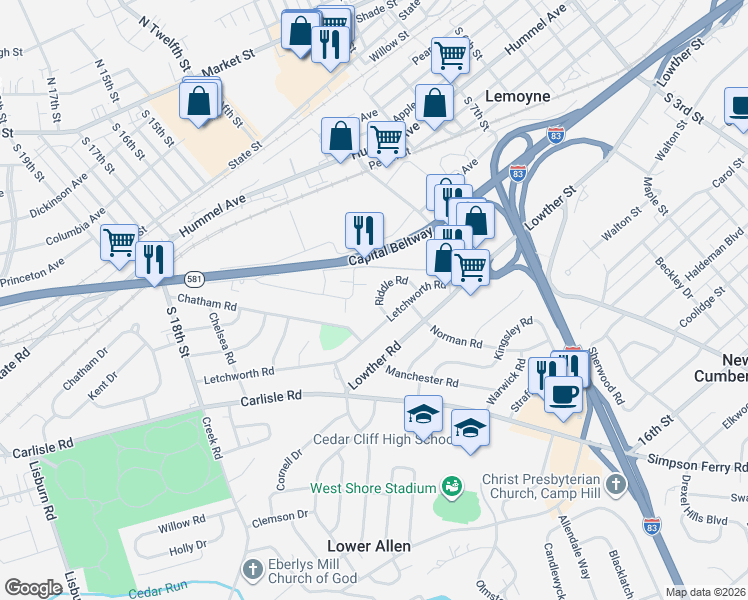 map of restaurants, bars, coffee shops, grocery stores, and more near 24 Riddle Road in Camp Hill