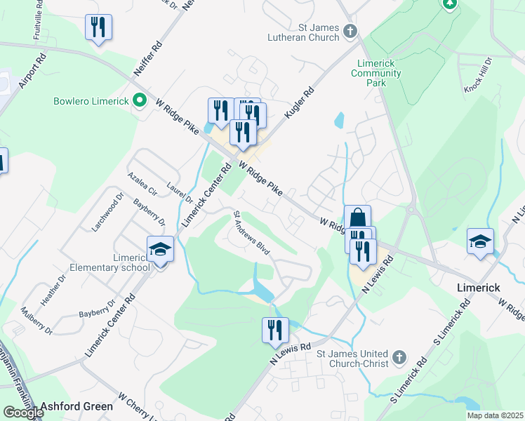 map of restaurants, bars, coffee shops, grocery stores, and more near 807 Dickinson Court in Royersford