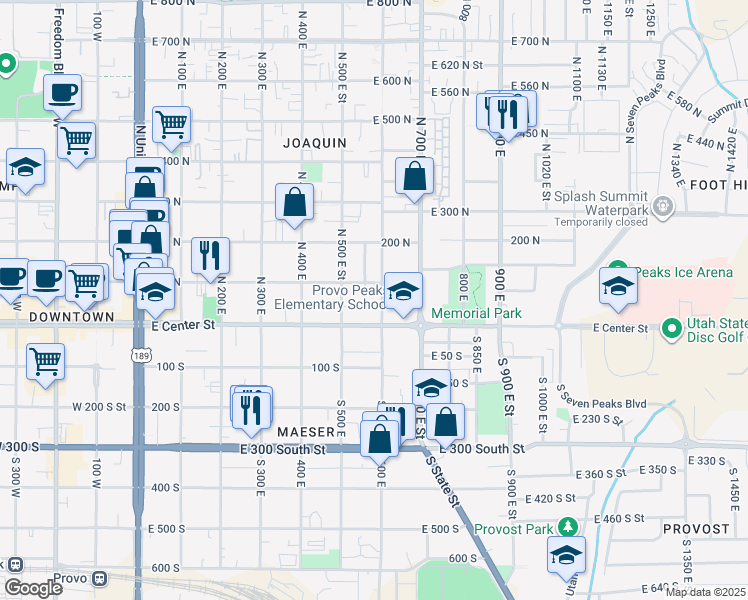 map of restaurants, bars, coffee shops, grocery stores, and more near 63 600 East in Provo
