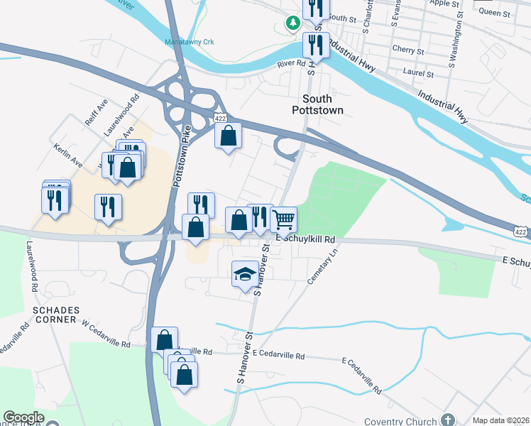 map of restaurants, bars, coffee shops, grocery stores, and more near 621 Coyne Alley in Pottstown