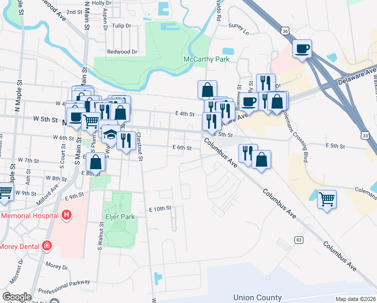 map of restaurants, bars, coffee shops, grocery stores, and more near 703 East 6th Street in Marysville