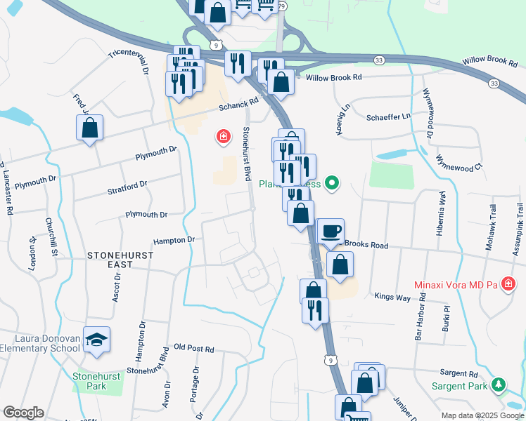 map of restaurants, bars, coffee shops, grocery stores, and more near 56 Stonehurst Boulevard in Freehold