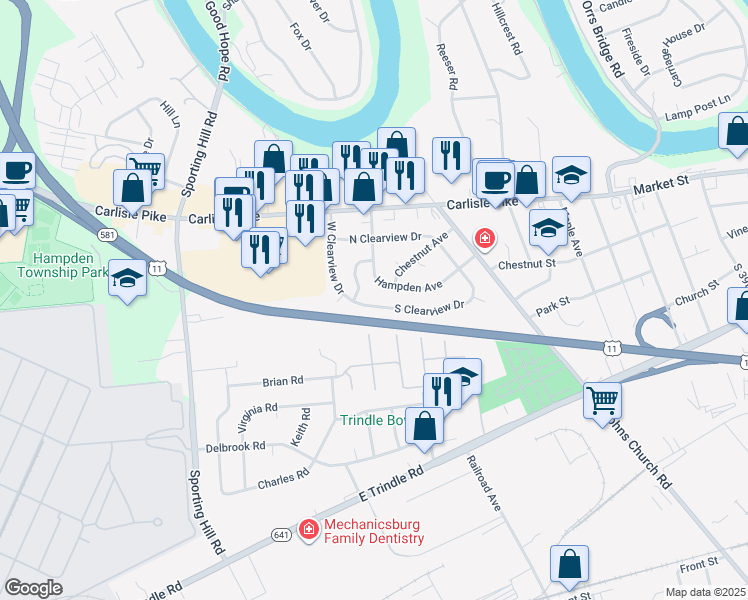 map of restaurants, bars, coffee shops, grocery stores, and more near 4631 S Clearview Dr in Camp Hill