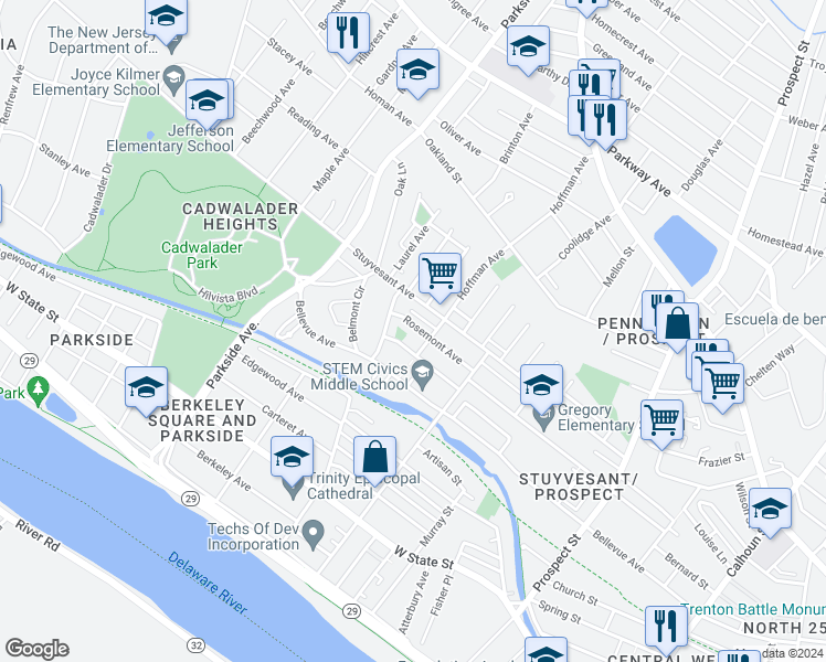 map of restaurants, bars, coffee shops, grocery stores, and more near 217 Rosemont Avenue in Trenton