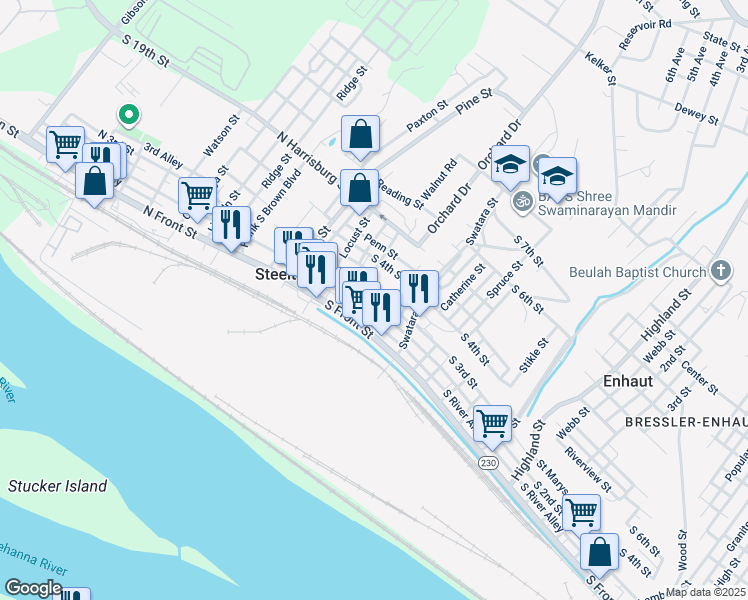 map of restaurants, bars, coffee shops, grocery stores, and more near 123 South 2nd Street in Steelton