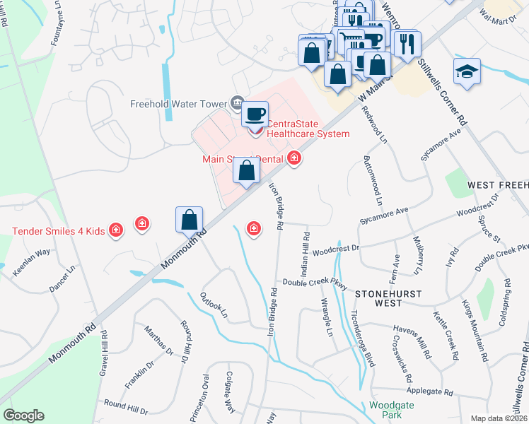 map of restaurants, bars, coffee shops, grocery stores, and more near 555 Iron Bridge Road in Freehold