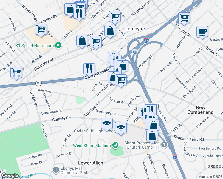 map of restaurants, bars, coffee shops, grocery stores, and more near 1190 Lowther Road in Camp Hill