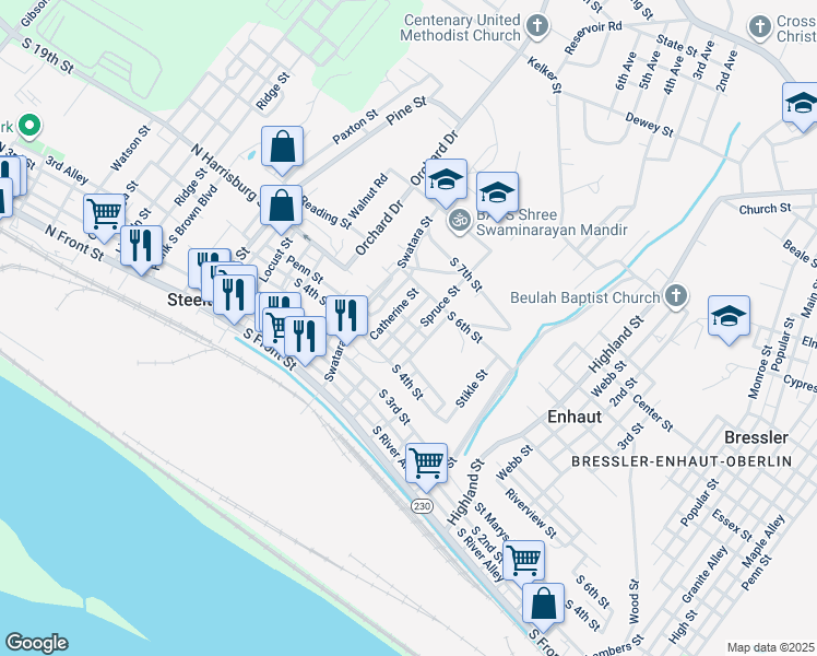 map of restaurants, bars, coffee shops, grocery stores, and more near 357 Spruce Street in Steelton