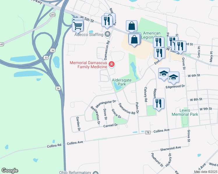 map of restaurants, bars, coffee shops, grocery stores, and more near 484 Aldersgate Street in Marysville
