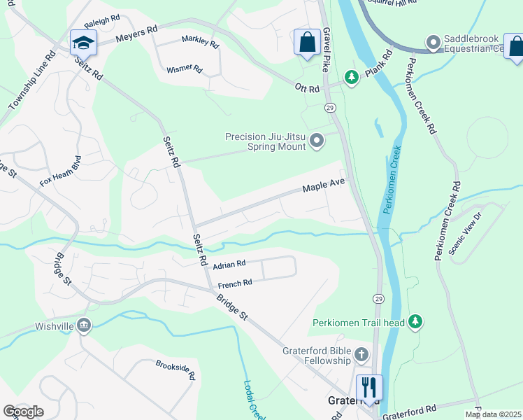 map of restaurants, bars, coffee shops, grocery stores, and more near 246 Maple Avenue in Collegeville