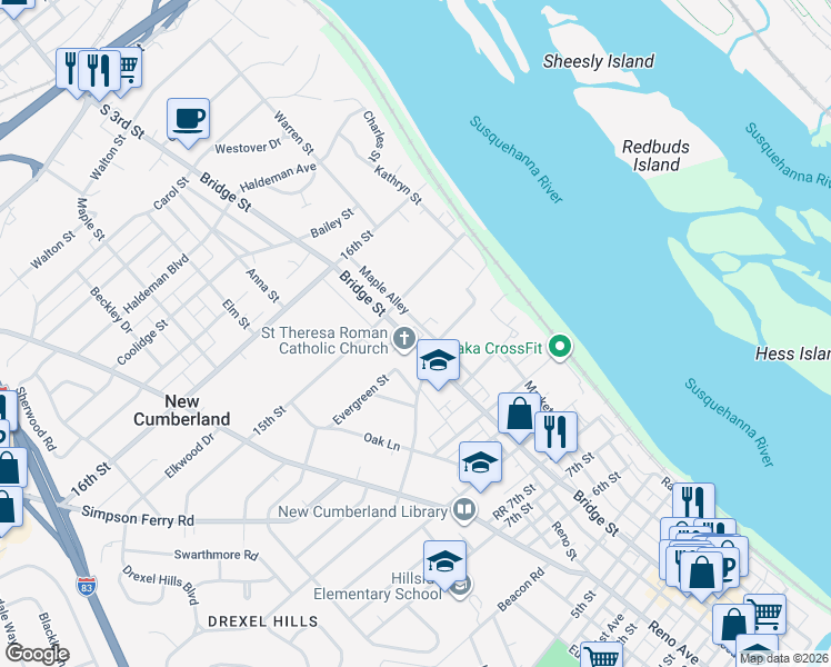 map of restaurants, bars, coffee shops, grocery stores, and more near 267 Park Avenue in New Cumberland