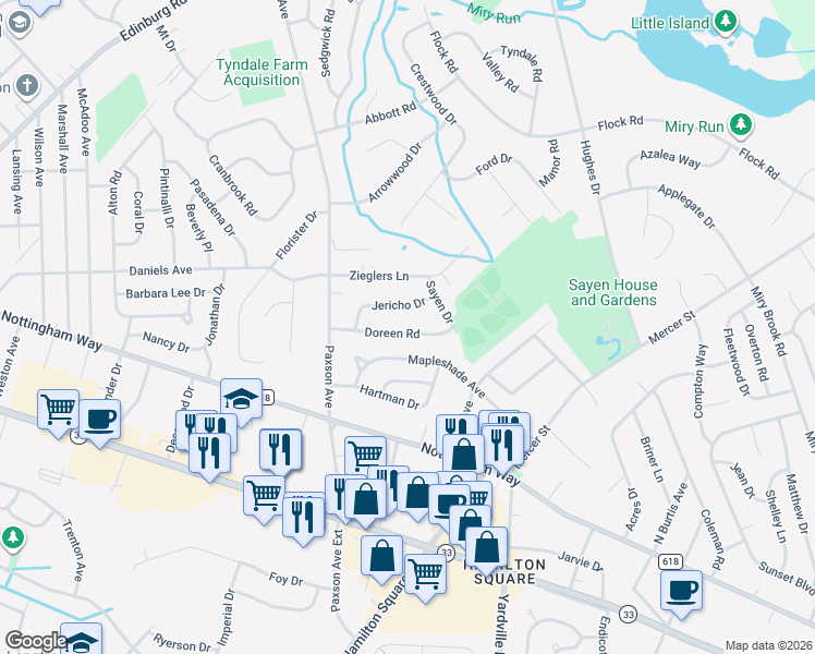 map of restaurants, bars, coffee shops, grocery stores, and more near 22 Doreen Road in Hamilton Township