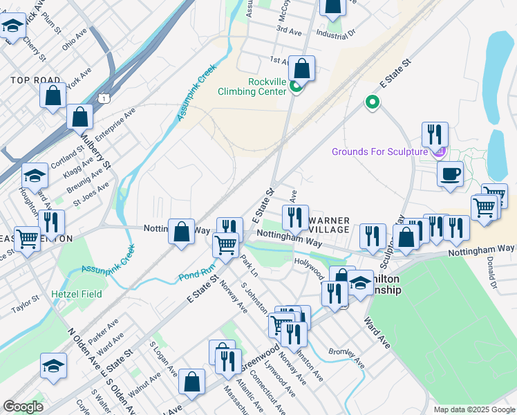 map of restaurants, bars, coffee shops, grocery stores, and more near 1764 East State Street in Hamilton Township
