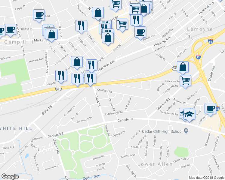 map of restaurants, bars, coffee shops, grocery stores, and more near 1616 Chatham Rd in Camp Hill