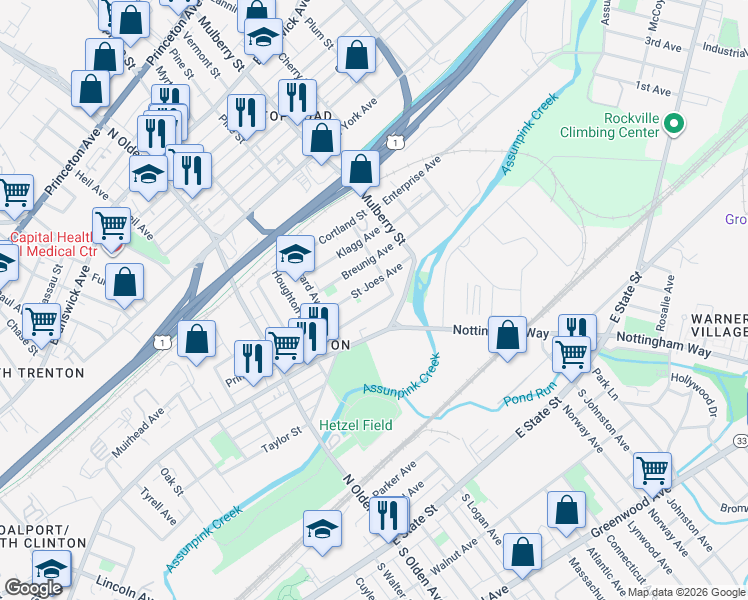 map of restaurants, bars, coffee shops, grocery stores, and more near 85 Mechanics Ave in Trenton