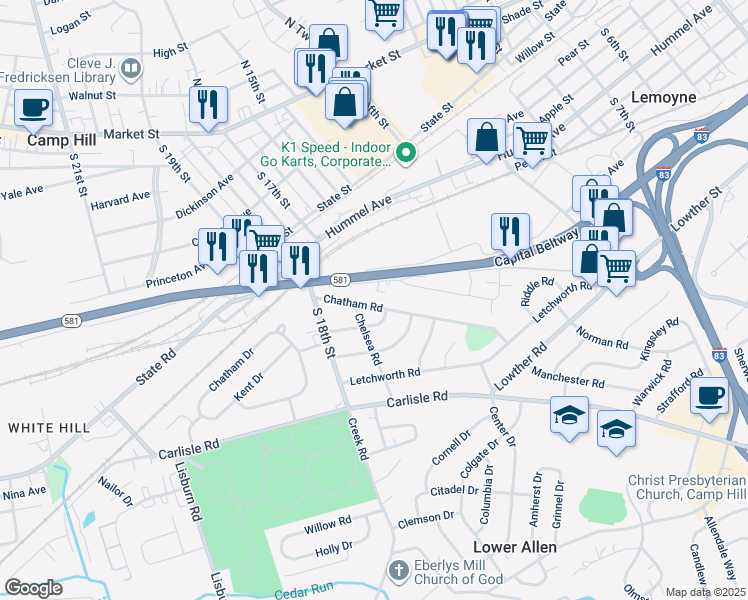 map of restaurants, bars, coffee shops, grocery stores, and more near 1616 Chatham Rd in Camp Hill