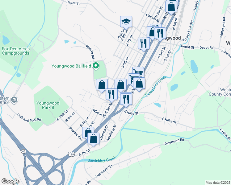 map of restaurants, bars, coffee shops, grocery stores, and more near 315 South 5th Street in Youngwood