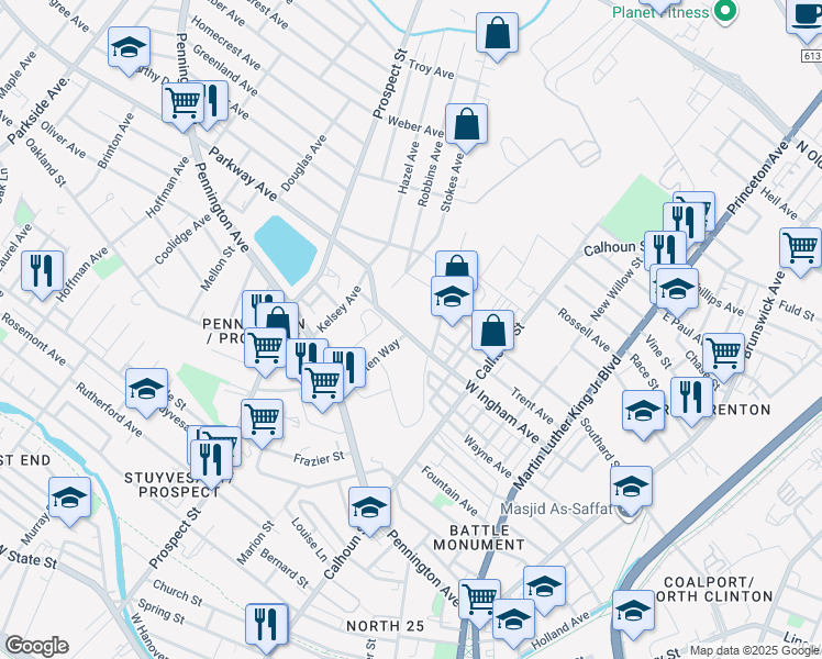 map of restaurants, bars, coffee shops, grocery stores, and more near 599-617 West Ingham Avenue in Ewing Township