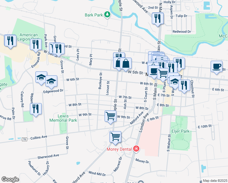 map of restaurants, bars, coffee shops, grocery stores, and more near 239 South Maple Street in Marysville