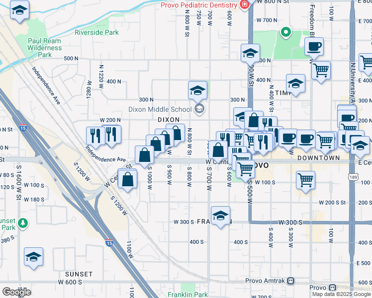 map of restaurants, bars, coffee shops, grocery stores, and more near 55 North 800 West in Provo