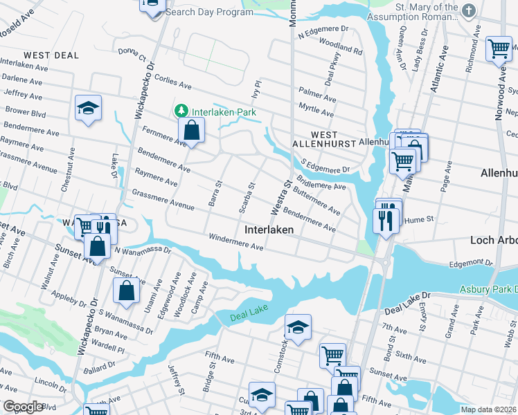 map of restaurants, bars, coffee shops, grocery stores, and more near 410 Bendermere Ave in Interlaken