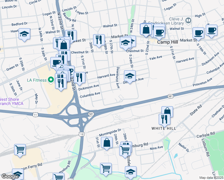 map of restaurants, bars, coffee shops, grocery stores, and more near 910 South 28th Street in Camp Hill