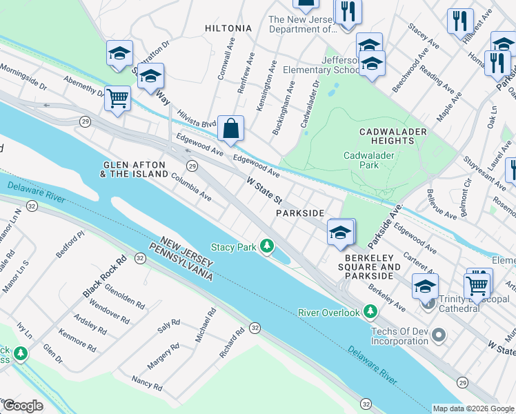 map of restaurants, bars, coffee shops, grocery stores, and more near 23 Newell Ave in Trenton