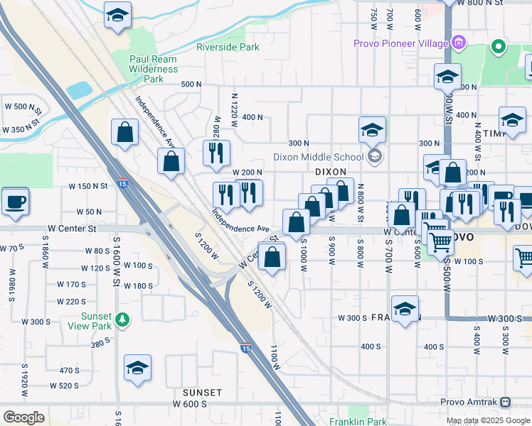 map of restaurants, bars, coffee shops, grocery stores, and more near 65 North 1100 West Street in Provo