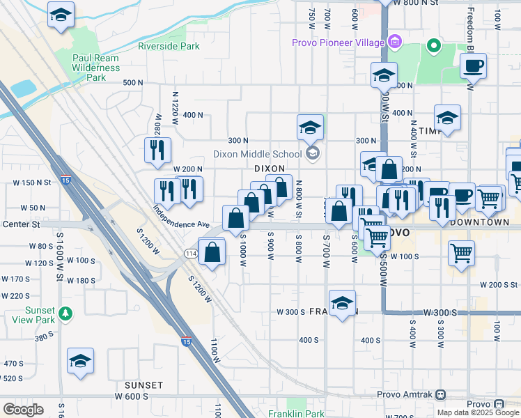 map of restaurants, bars, coffee shops, grocery stores, and more near 929 West 100 South in Provo