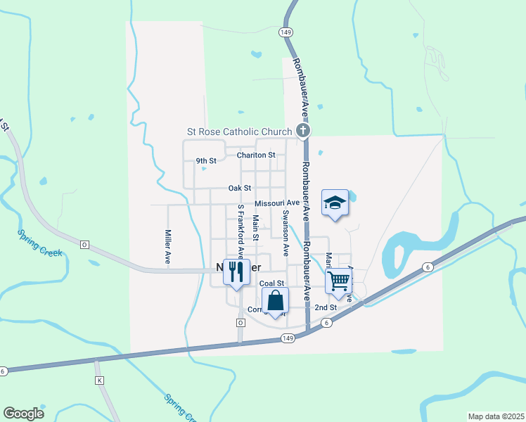 map of restaurants, bars, coffee shops, grocery stores, and more near Main Street in Novinger