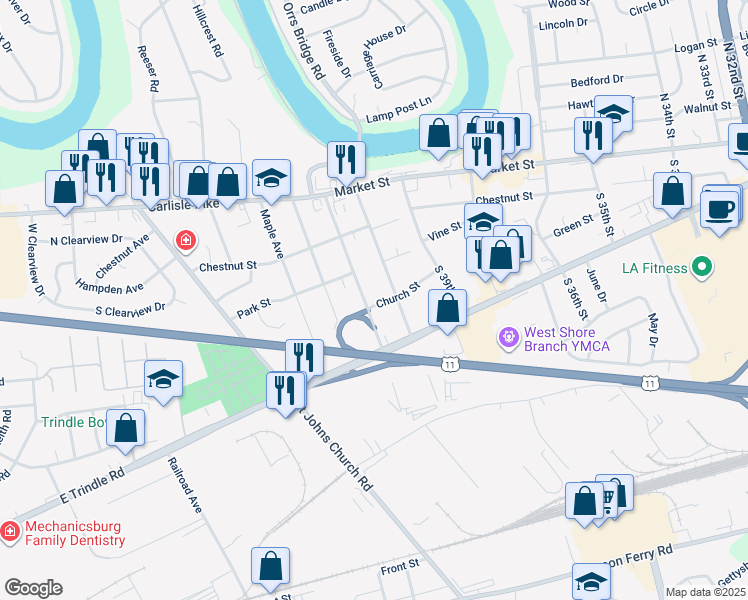 map of restaurants, bars, coffee shops, grocery stores, and more near 47 Central Boulevard in Camp Hill