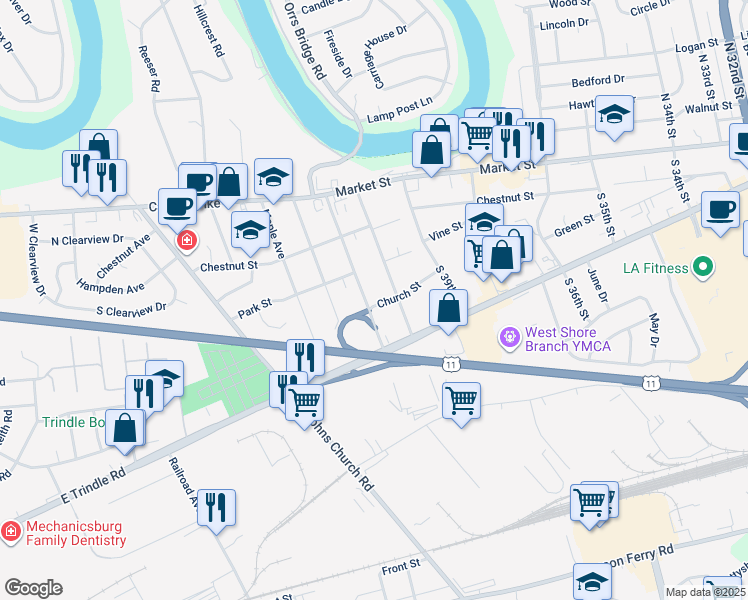 map of restaurants, bars, coffee shops, grocery stores, and more near 47 Central Boulevard in Camp Hill