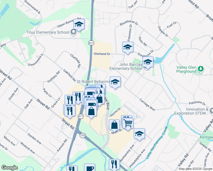 map of restaurants, bars, coffee shops, grocery stores, and more near 2117 Georges Lane in Warrington