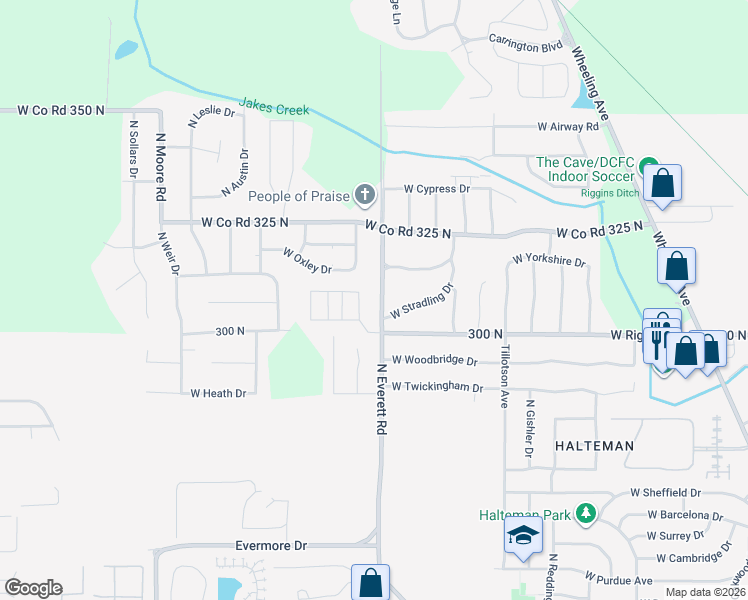 map of restaurants, bars, coffee shops, grocery stores, and more near 4909 North Everett Road in Muncie