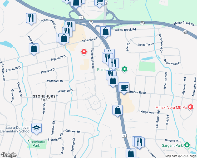 map of restaurants, bars, coffee shops, grocery stores, and more near 56 Stonehurst Boulevard in Freehold