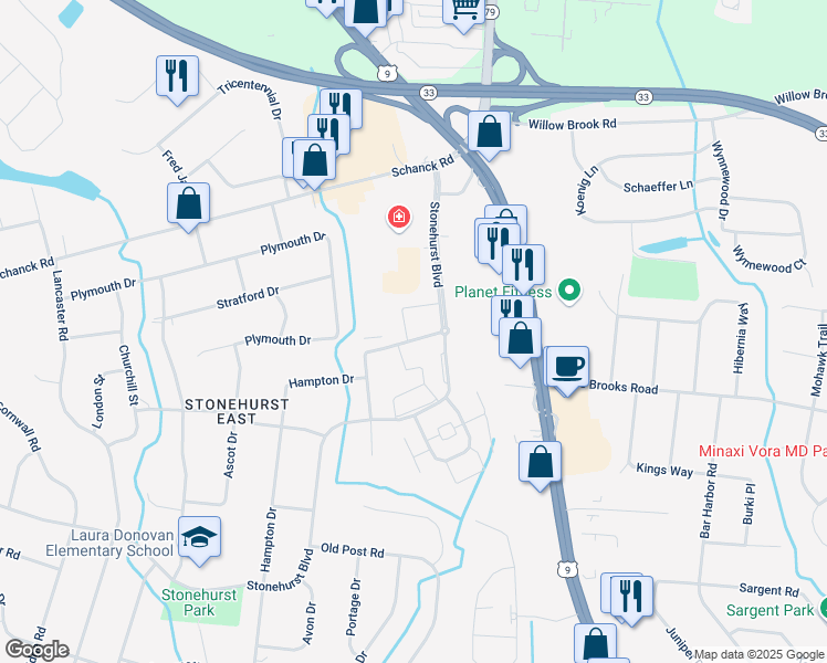 map of restaurants, bars, coffee shops, grocery stores, and more near 9 Spring Terrace in Freehold