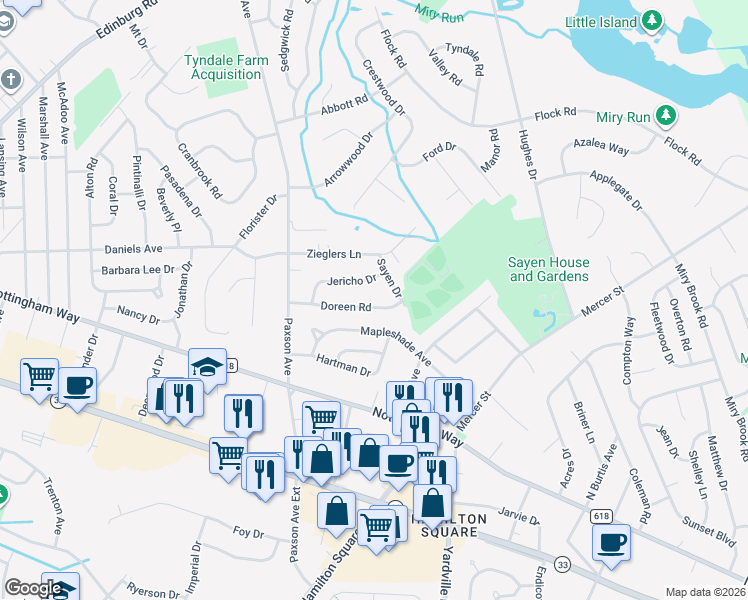 map of restaurants, bars, coffee shops, grocery stores, and more near 22 Doreen Road in Hamilton Township