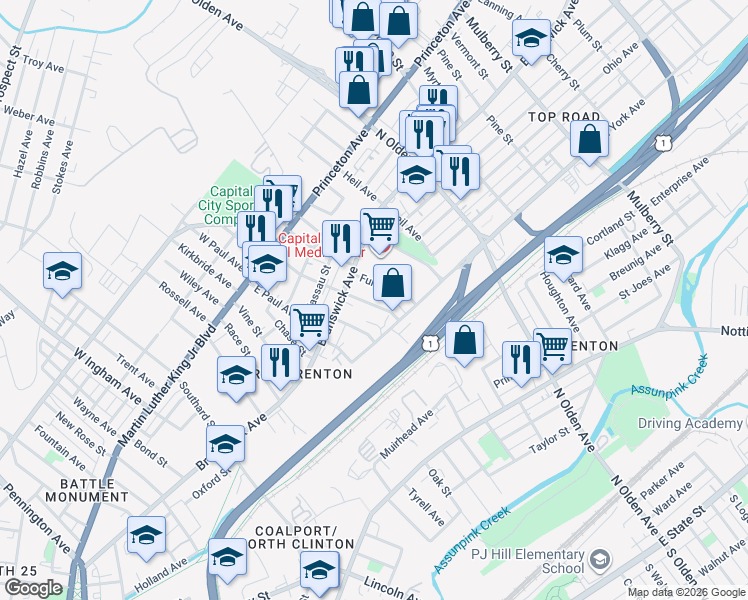 map of restaurants, bars, coffee shops, grocery stores, and more near 69 Phillips Avenue in Trenton