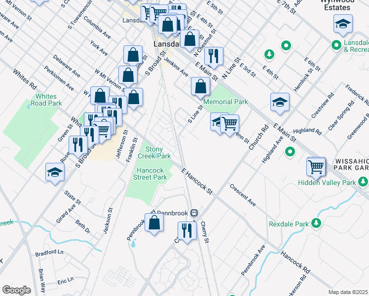 map of restaurants, bars, coffee shops, grocery stores, and more near 333 South Line Street in Lansdale