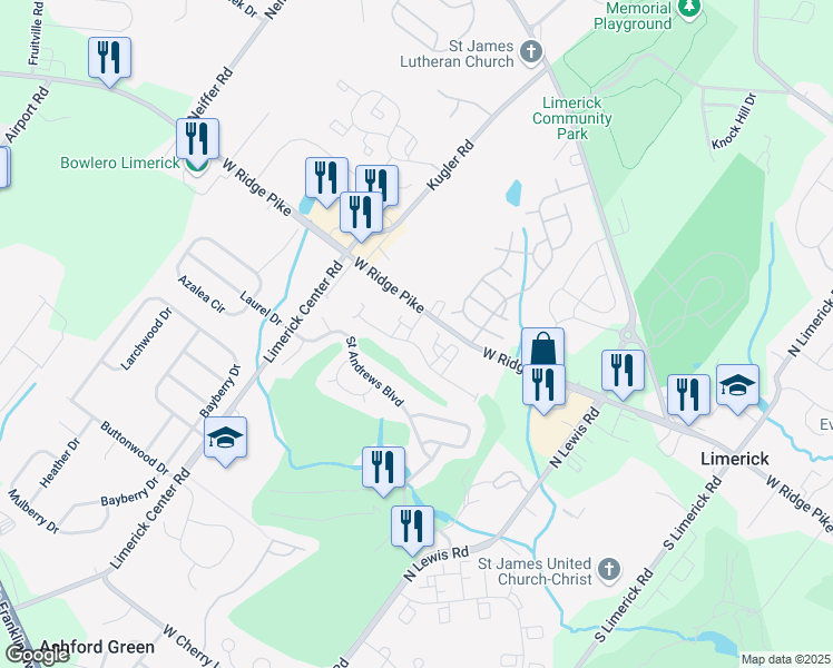 map of restaurants, bars, coffee shops, grocery stores, and more near 1402 Richards Court in Royersford