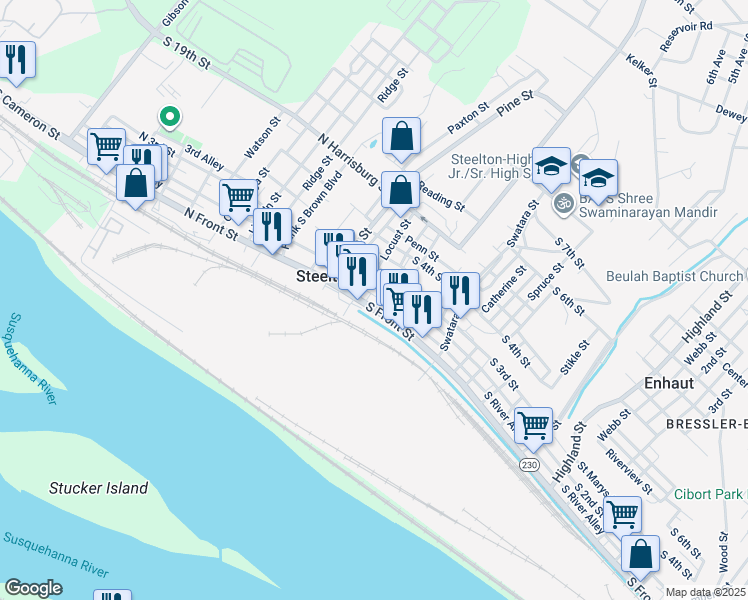 map of restaurants, bars, coffee shops, grocery stores, and more near 51 South Front Street in Steelton