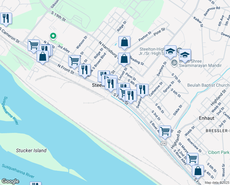 map of restaurants, bars, coffee shops, grocery stores, and more near 51 South Front Street in Steelton