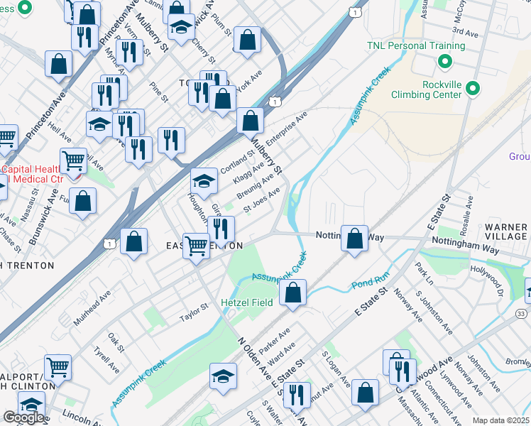 map of restaurants, bars, coffee shops, grocery stores, and more near 95 Mechanics Avenue in Trenton