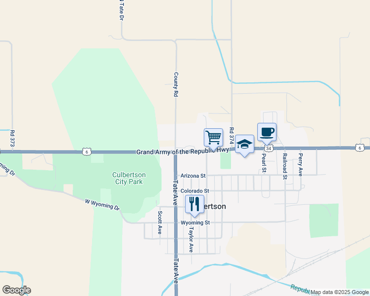 map of restaurants, bars, coffee shops, grocery stores, and more near Miller Drive in Culbertson