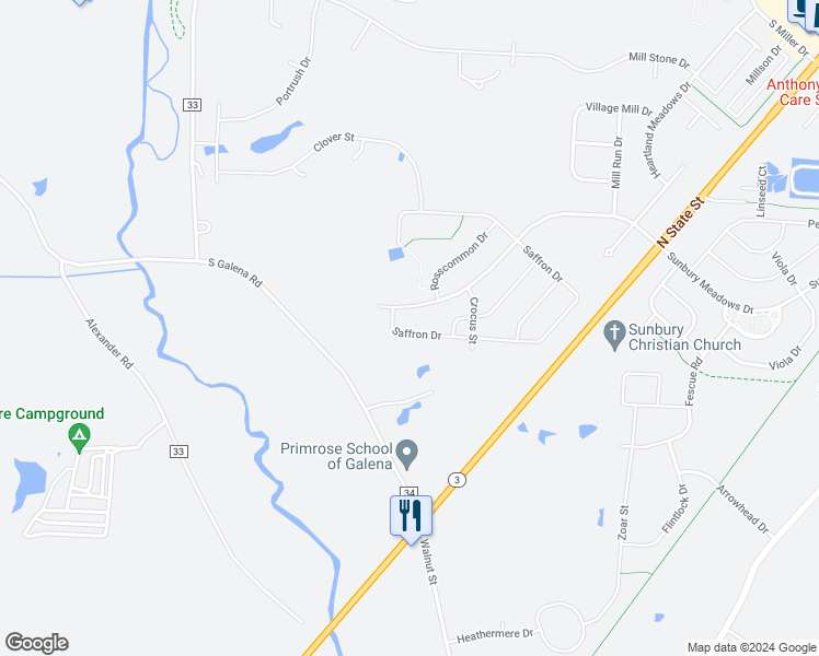 map of restaurants, bars, coffee shops, grocery stores, and more near 905 Saffron Drive in Sunbury
