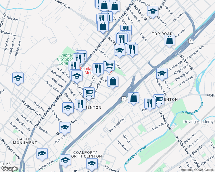 map of restaurants, bars, coffee shops, grocery stores, and more near 69 Phillips Avenue in Trenton